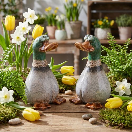 Patos decorativos de cerámica marrón verde draco sentado H17,5cm 2 piezas | Floristik24.es