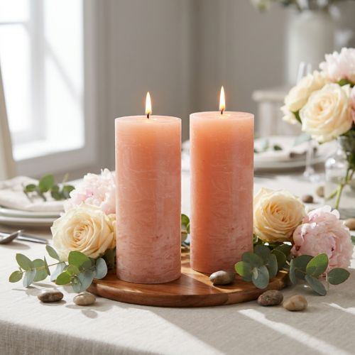 Juego de 2 velas de pilar, diseño melocotón, 85 x 200 mm - Larga duración de combustión, cera de color en toda la superficie para decoración y relajación | Floristik24.es