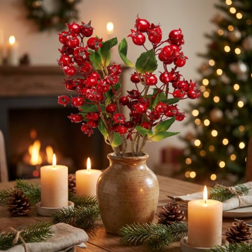 Rama decorativa de escaramujo con frutos rojos L60cm 2 piezas | Floristik24.es