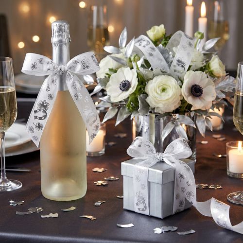 Cinta de regalo cinta decorativa plateada blanca Nochevieja 25mm 18m | Floristik24.es