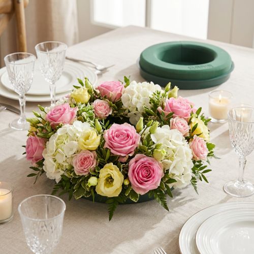 Aro de espuma floral con base para arreglo verde Ø24cm 2uds | Floristik24.es