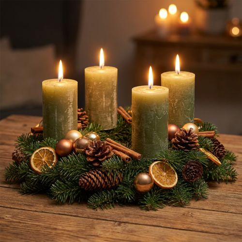 Velas de pilar de color liso, verde oliva, 70×120 mm - Larga duración de combustión 53 h, juego de 4, jaspeadas para decoración y Adviento | Floristik24.es