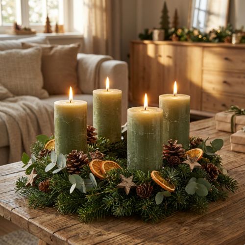 Velas de pilar verde oliva de color liso de 60×100 mm, juego de 4, estilo campestre, bohemio, Adviento | Floristik24.es