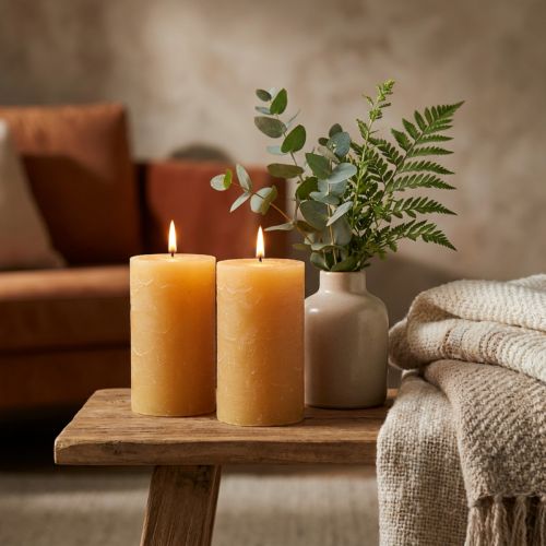 Velas de pilar de color sólido, color miel, juego de 2, 85×150 mm, larga duración, crean un ambiente acogedor, decoración de mesa | Floristik24.es