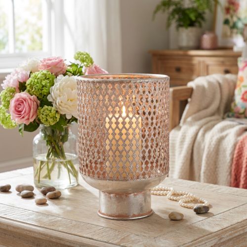Farol portavelas de metal cristal plata rosa Ø18cm H27cm | Floristik24.es