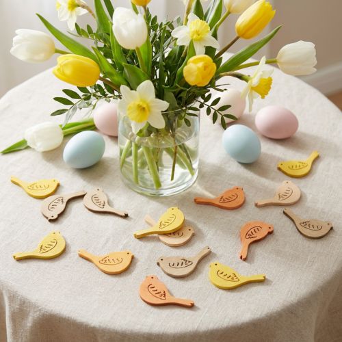 Decoración dispersa decoración de pájaros madera primavera amarillo/beige/naranja Ø4cm 72 piezas | Floristik24.es