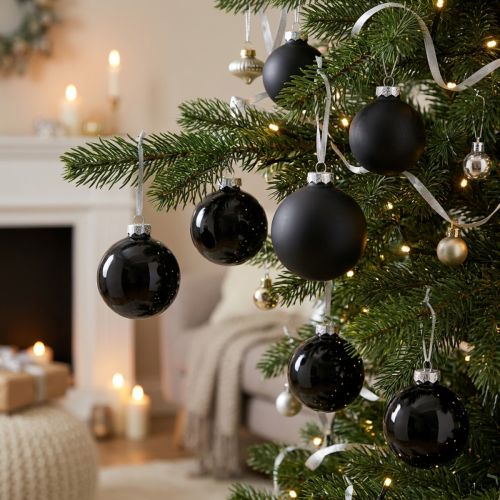 Bolas de árbol de Navidad, colgantes de árbol, bolas de cristal negro H6,5cm Ø6cm vidrio real 24 piezas | Floristik24.es