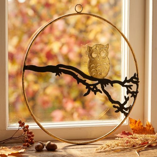 Decoración ventana búho en rama otoño, anillo decorativo metal 22cm | Floristik24.es