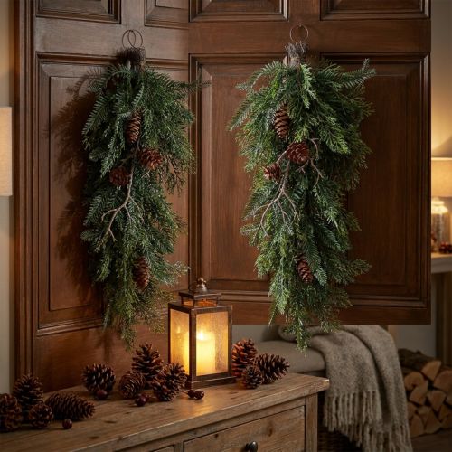 Ramas artificiales de Navidad para colgar, decoración de ramas de abeto, ramas de ciprés con piñas, corona de puerta, decoración de pared, decoración de ventana, plástico, duradero, 60 cm | Floristik24.es