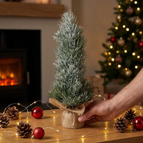 Mini árbol de Navidad cubierto de nieve artificial en un saco H41cm | Floristik24.es