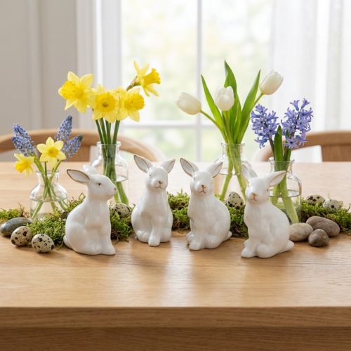 Conejito de Pascua de cerámica, decoración de Pascua, conejo de Pascua blanco y dorado, 7,5 cm de alto, 4 unidades | Floristik24.es