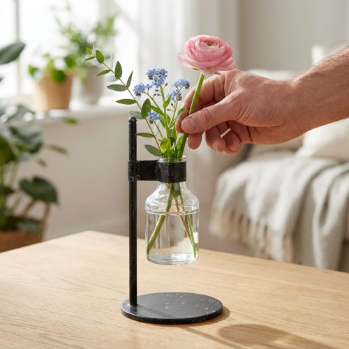 Jarrón decorativo botella decorativa de cristal con soporte de metal negro Ø13cm | Floristik24.es