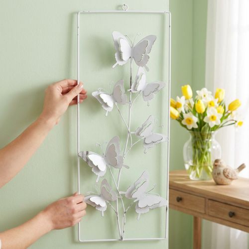 Arte colgante de mariposa Primavera Metal Arte de pared Shabby Chic Blanco Plata H47.5cm | Floristik24.es