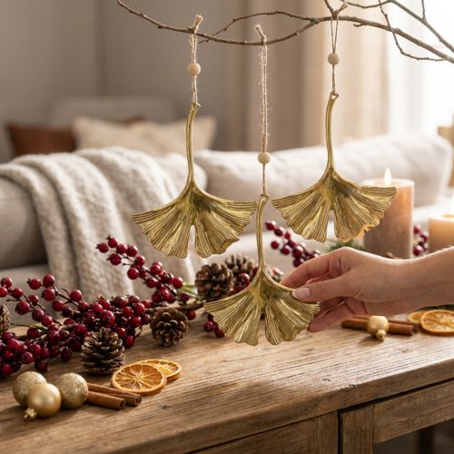 Colgante de hoja de Ginkgo, decoración de Adviento, decoración de metal para otoño Dorado L12cm 12 piezas | Floristik24.es