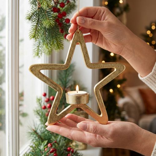 Portavelas decorativo estrella para colgar metal dorado 20cm | Floristik24.es