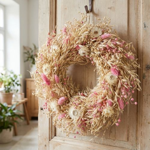 Corona decorativa, corona de avena, corona natural, siemprevivas, rosa, Ø29cm | Floristik24.es