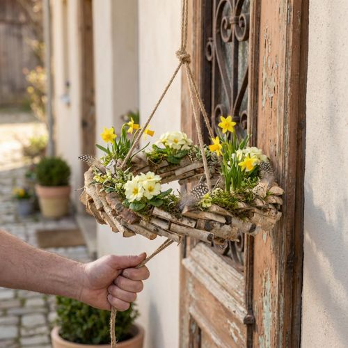 Corona de madera para colgar con gancho de abedul Ø35cm - Decoración natural para primavera, macramé, flores y hierbas | Floristik24.es