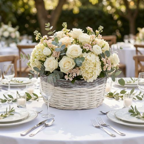 Cesta redonda decorativa, blanca y marrón, Ø29cm, macetero tejido, regalo, decoración de boda | Floristik24.es
