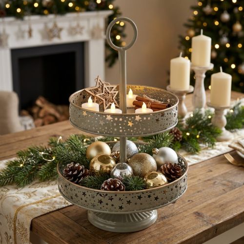 Artículo Bandeja decorativa de dos niveles con asa, diseño de estrella, 49 cm.