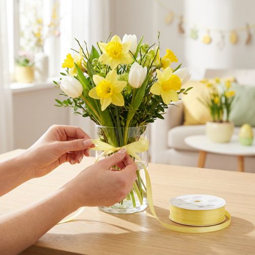 Artículo Cinta decorativa, cinta de tafetán, cinta de regalo, amarillo claro, 10 mm, 50 m