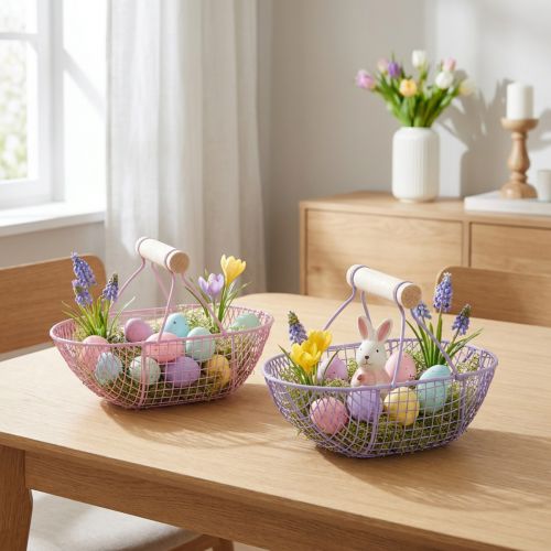 Cesta de alambre con asa de madera, ideal para la vida moderna y la decoración con estilo, 17 cm, 6 piezas | Floristik24.es