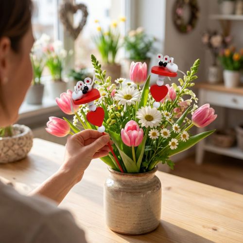 Corazones decorativos con ratones en un palo rojo 12 piezas | Floristik24.es
