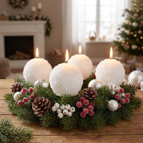 Velas de Adviento, diseño de bola de nieve, velas de bola blancas de Ø80 mm, juego de 4, decoración navideña, magia invernal | Floristik24.es
