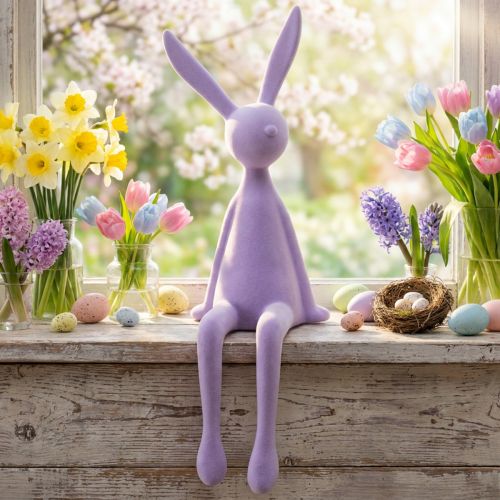 Conejo de Pascua sentado, flocado, lila, 56 cm | Floristik24.es