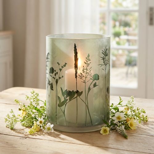 Farol grande de cristal decorativo con motivo prado blanco y verde Al. 24 cm | Floristik24.es