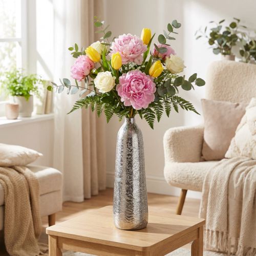 Florero decorativo florero de metal martillado plateado Ø9,5cm H32cm | Floristik24.es