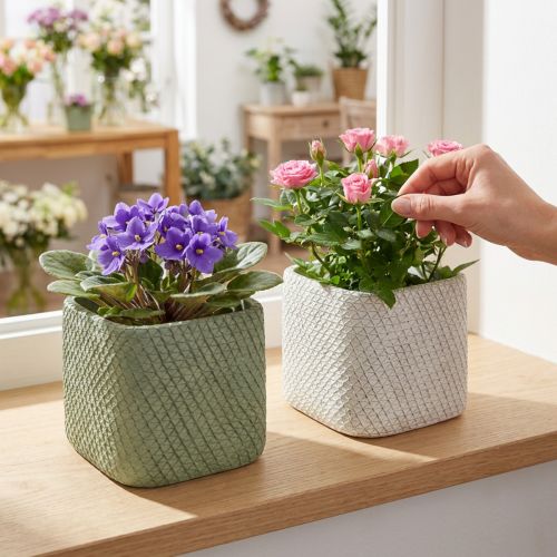 Jardinera cerámica blanco verde malla relieve 12,5x12,5cm H9cm 2uds | Floristik24.es