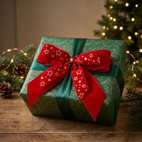 Lazo decorativo 4cm ancho Lazo navideño rojo con estrellas doradas Lazo hecho a mano 16×15cm 2uds | Floristik24.es