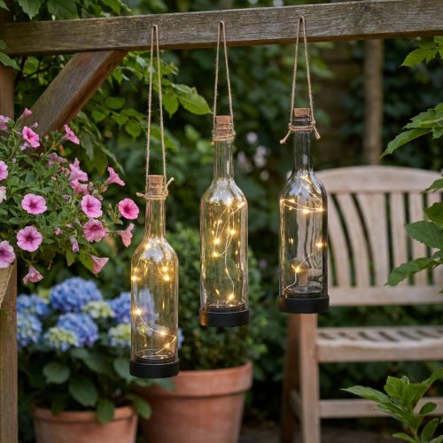 Artículo Lámparas solares LED para exteriores, botellas de Ø7,5 cm y 31 cm de alto, 3 unidades.