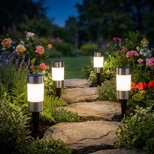 Artículo Lámparas solares de jardín LED con pincho de acero inoxidable, pack de 4, H14 cm
