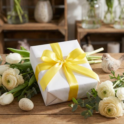 Artículo Cinta decorativa de tafetán, cinta de regalo, color amarillo claro, 40 mm, 50 m