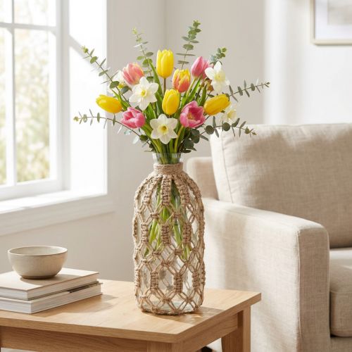 Jarrón decorativo de cristal con botella de macramé yute natural Ø10,5cm H26cm | Floristik24.es