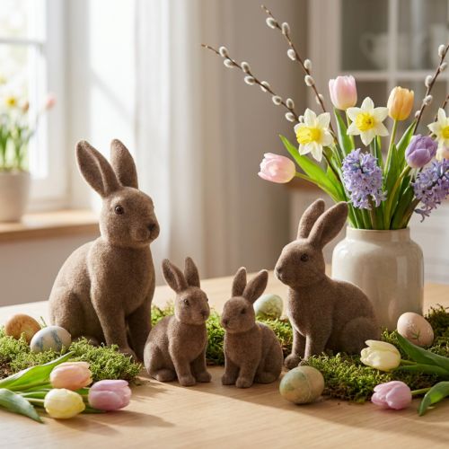 Conejo flocado marrón 11cm, 13,5cm 6 piezas | Floristik24.es