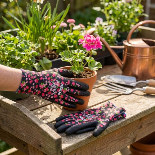 Guantes de jardinería Kixx, negros con flores rosas, talla 8 | Floristik24.es