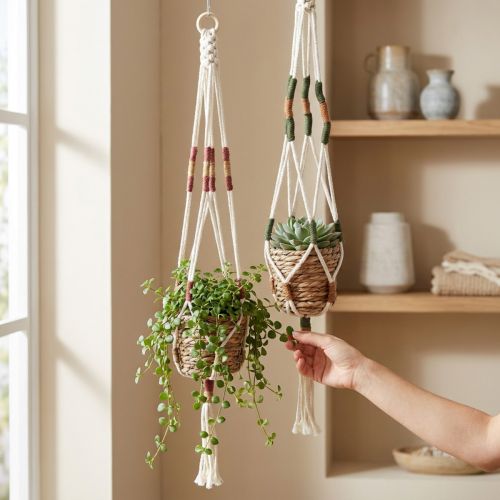 Maceta colgante ligera macramé crema Ø12cm H85cm 2ud | Floristik24.es