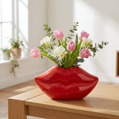 Jarrón de cerámica con forma de boca de beso rojo, jarrón decorativo de 17 x 8,5 x 9 cm. | Floristik24.es