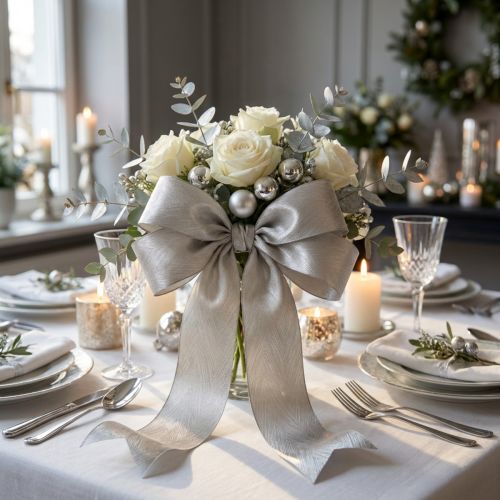 Artículo Elegante cinta de seda con estampado de plumas en plata - perfecta para decoraciones festivas ancho 25 mm largo 15 m