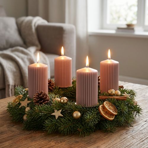 Artículo Velas de pilar, rosa antiguo, velas ranuradas, 70/90 mm, juego de 4, velas decorativas, corona de Adviento, poco humo, larga duración