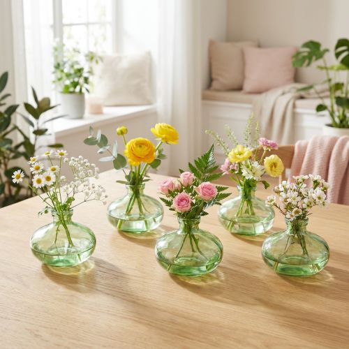 Jarrón de cristal bulboso verde mini jarrones de cristal Ø9cm H6cm 6 uds | Floristik24.es