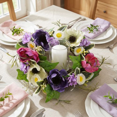 Artículo Corona de flores artificiales Anémonas Margaritas Morado Blanco Ø25cm