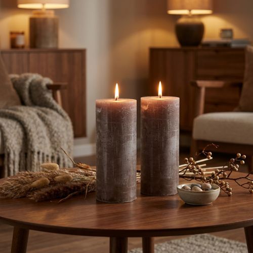 Velas grandes de pilar marrón, color marrón ahumado liso, diseño rústico, 100 h de duración, decoración elegante, juego de 2, 85 x 200 mm | Floristik24.es