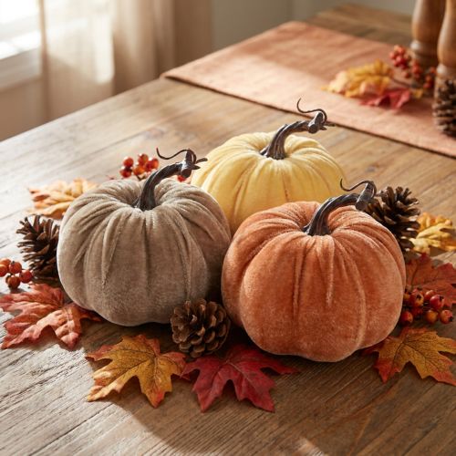 Decoración de calabaza, otoño, amarillo, marrón, naranja, Ø13cm, H11.5cm, 3 piezas | Floristik24.es