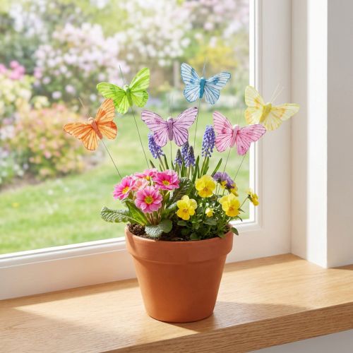 Mariposas decorativas sobre alambre plumas de colores 5,5×8cm 12 piezas | Floristik24.es