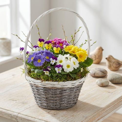 Cesta de mimbre con asa, gris y blanca, Ø29cm, regalo, decoración floral | Floristik24.es