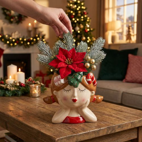 Cabeza de planta de cerámica para niña, maceta decorativa navideña de 17 cm de alto. | Floristik24.es