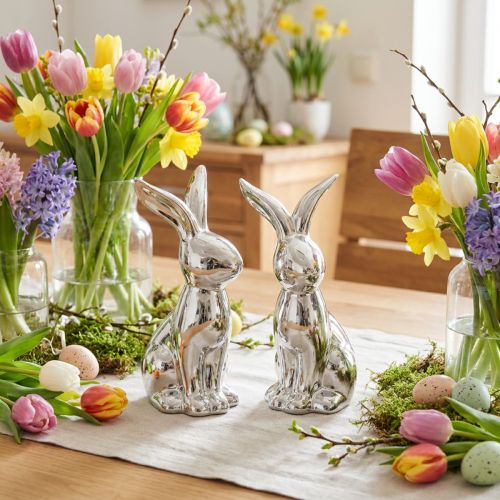 Conejo de Pascua Decorativo Cerámica Conejo Decorativo Sentado Plata 18cm 2 Piezas | Floristik24.es